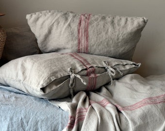 Grainsack heavyweight Linen Pillowcase with Red Stripe, Vintage style. All sizes available.