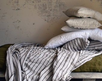 Linen Flat Sheet in Vintage Black Ticking. Luxurious & Natural. King and Queen Sizes Available.