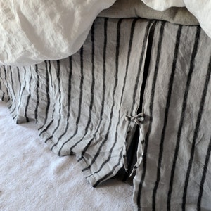 Vintage Black Ticking Stripe Box Pleated Linen Bedskirt With Ties. Bed Valance. Dust Ruffle. Queen and King sizes.