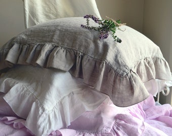 Shabby Chic Ruffled natural linen pillow case , Natural flax colour/ Standard, King and Euro sizes/ Stonewashed linen/ Natural linen bedding