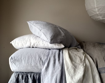 Light grey linen fitted sheet. Luxurious stonewashed linen.