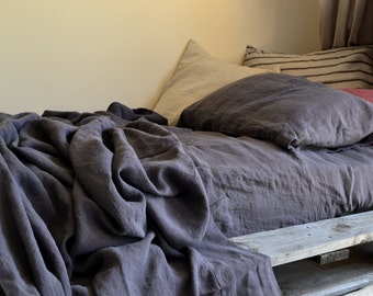 Set of Charcoal grey linen sheets. Luxurious softly wrinkled hand dyed linen. Designer linen bedding