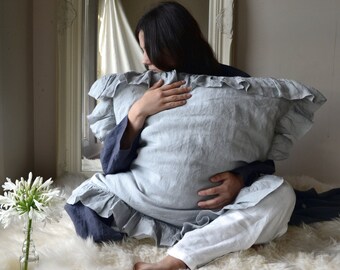 Light Grey Ruffled pillow case/ Stonewashed natural linen bedding. Shabby Chic Couture. Standard, King and Euro sizes