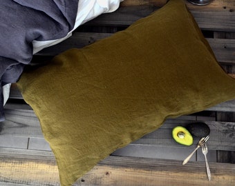 Olive Green Stonewashed Linen Pillowcase, Standard, King and Euro Sizes Available; Pure Linen Bedding