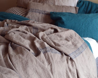 Vintage Grainsack Blue Stripe Heavy Linen Coverlet ⎮Bed cover⎮Quilt ⎮Summer Blanket⎮Decorative Bed Throw