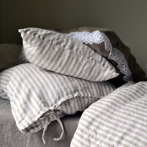 Rustic Pinstripe heavyweight natural linen pillow case. Rustic stonewashed linen bedding. Handmade linen image 1