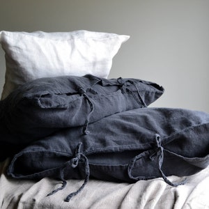 Rustic, Heavyweight Linen Pillowcase with Ties in Peppercorn Dark Grey Standard, Euro and King sizes image 2