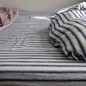Heavy Linen Fitted Sheet with French Vintage Navy Ticking Stripes. Rustic, Heavyweight & Natural Linen Bedding