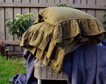 Olive Green Natural Linen Pillowcase With Ruffle, Stonewashed Linen- Pure Linen Bedding