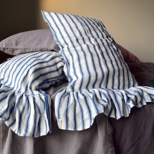 Linen Pillowcase with Ruffle in French Navy Ticking. Heavyweight & Natural. Mermaid-Style. Standard and King sizes