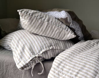 Rustic Pinstripe heavyweight natural linen pillow case. Rustic stonewashed linen bedding. Handmade linen