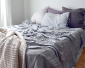 Light grey luxurious natural linen flat sheet. Stonewashed linen bedding.