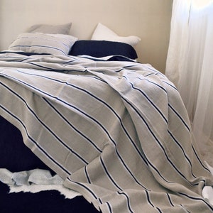 Retro Stripe Heavy weight Linen Bed Cover/ Coverlet/ Linen Summer Blanket image 1