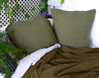 Olive green waffle linen pillowcase, extra heavy natural linen. Euro size