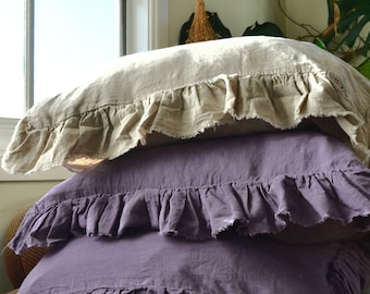 Blueberry Milk Ruffled pillow case/ Stonewashed natural linen bedding. Shabby Chic Couture. Euro size only