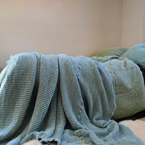 Super Heavy Duck Egg Blue Waffle Textured Stonewashed Linen Throw