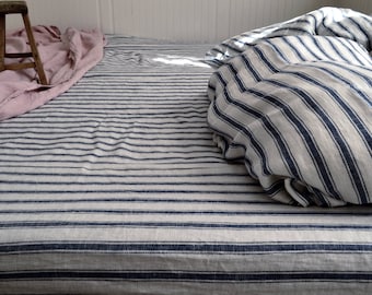 Heavy Linen Fitted Sheet with French Vintage Navy Ticking Stripes. Rustic, Heavyweight & Natural Linen Bedding