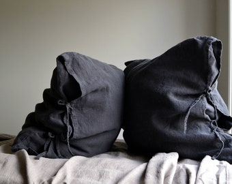 Rustic, Heavyweight Linen Pillowcase with Ties in Peppercorn (Dark Grey)- Standard, Euro and King sizes