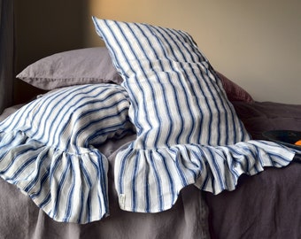 Linen Pillowcase with Ruffle in French Navy Ticking. Heavyweight & Natural. Mermaid-Style. Standard and King sizes