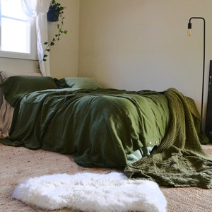 Linen Duvet Cover in Forest Green. Heavyweight Rustic Inspired Bedding. King and Queen sizes available.