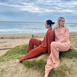 Natural linen pyjamas, Peach / Redwood. Women's Linen sleepwear/ Limited Edition image 2