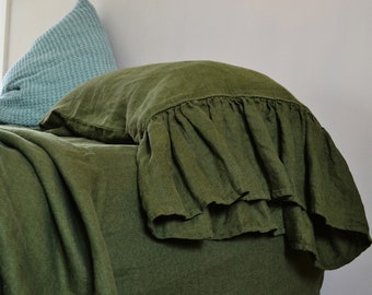 Forest Green Rustic Heavyweight Linen Pillowcases With Long Ruffle, Standard and King Sizes, set of 2