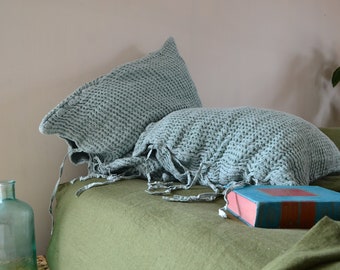 Duck Egg Blue Linen Pillow case, Waffle Textured, Stonewashed Natural Linen. Euro size