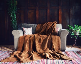 Waffle Linen Blanket in Cinnamon. Heavyweight and Oversized Linen Quilt / Bed cover/ Linen Throw Blanket