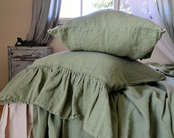 Sage Green Rustic Heavyweight Linen Pillowcases With Long Ruffle, Standard and King Sizes, set of 2