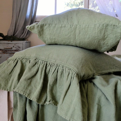 Sage Green Rustic Heavyweight Linen Pillowcases With Long Ruffle, Standard and King Sizes, set of shops 2