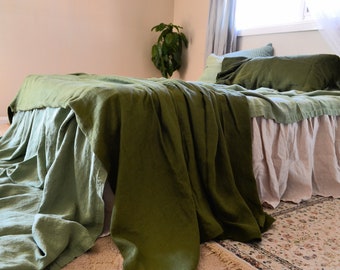 Forest Green Heavyweight Rustic Linen Sheet/ Throw Blanket/ Bed Cover/ Bedspread/ Coverlet/ Comforter/ Summer blanket