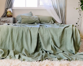 Sage Green Rustic 300gsm Heavy weight Linen Bed Cover/ Coverlet/ Linen Summer Blanket