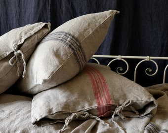 Grainsack Black stripe Rustic Heavy Weight Linen Pillowcase- Vintage Grain Sack linen