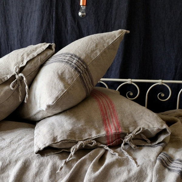 Grainsack Black stripe Rustic Heavy Weight Linen Pillowcase- Vintage Grain Sack linen