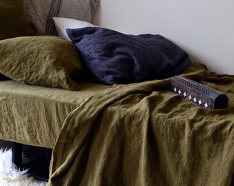 Olive Green Bed Sheet Set in luxurious hand dyed linen. Limited Edition linen bedding.