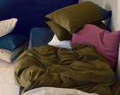 Olive Green Heavyweight Rustic linen bedding: duvet/quilt/doona cover and x2 pillowcases. Pure linen bedding