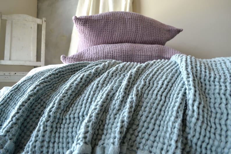Large size Super Heavy Duck Egg Blue Waffle Textured Stonewashed Linen Throw Bed cover Linen Blanket