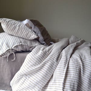 Rustic Pinstripe heavyweight natural linen pillow case. Rustic stonewashed linen bedding. Handmade linen image 6