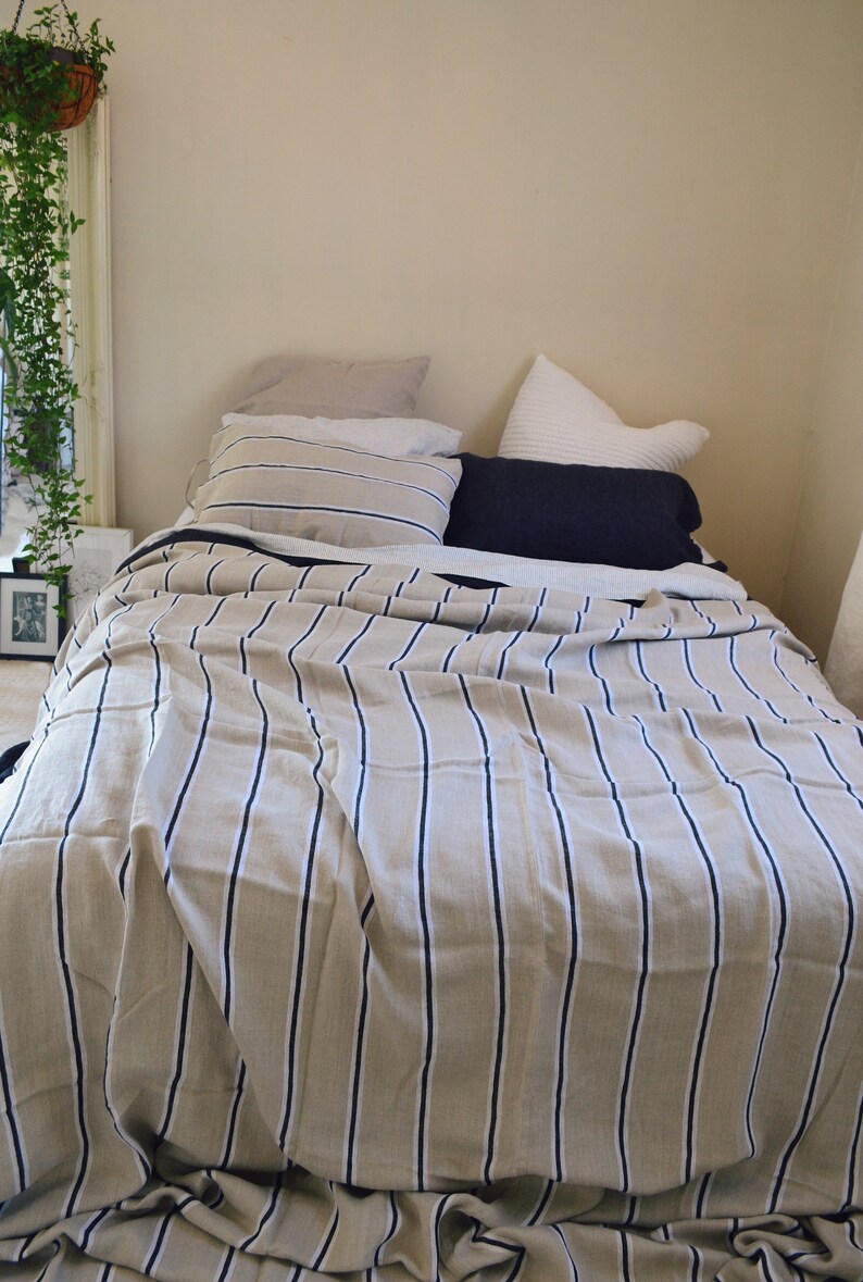 Retro Stripe Heavy weight Linen Bed Cover/ Coverlet/ Linen Summer Blanket image 5