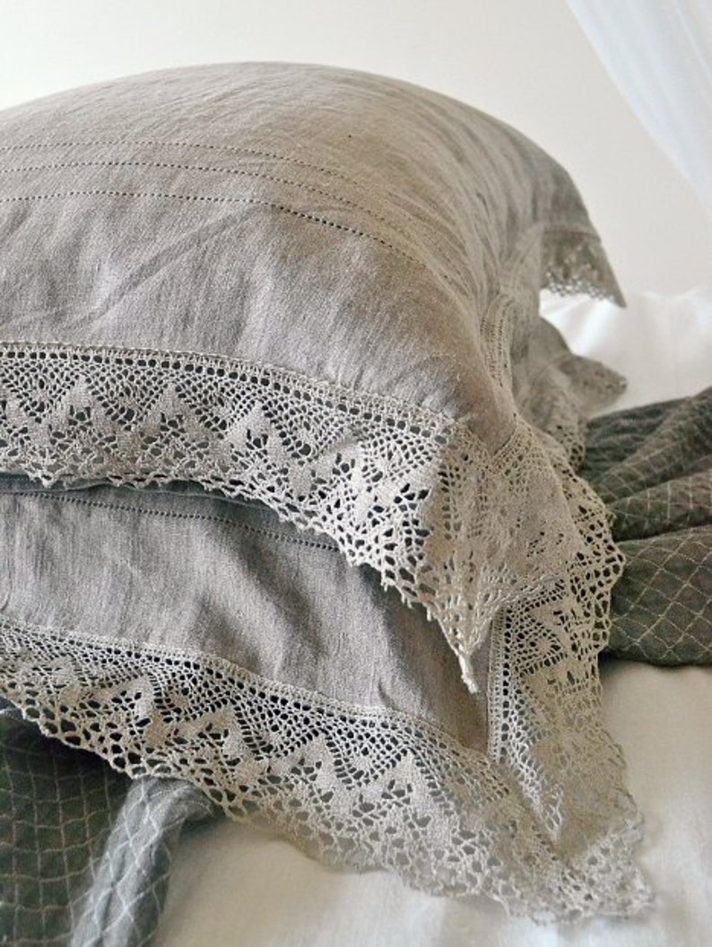 Provincial Living collection: natural dark flax linen duvet/doona/ quilt cover with linen lace by House of Baltic Linen image 3