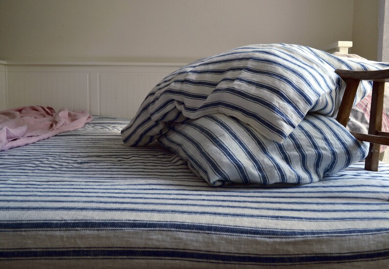Heavy Linen Fitted Sheet With French Vintage Navy Ticking Etsy