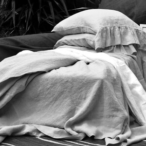 Light grey luxurious natural linen flat sheet. Stonewashed linen bedding. image 4