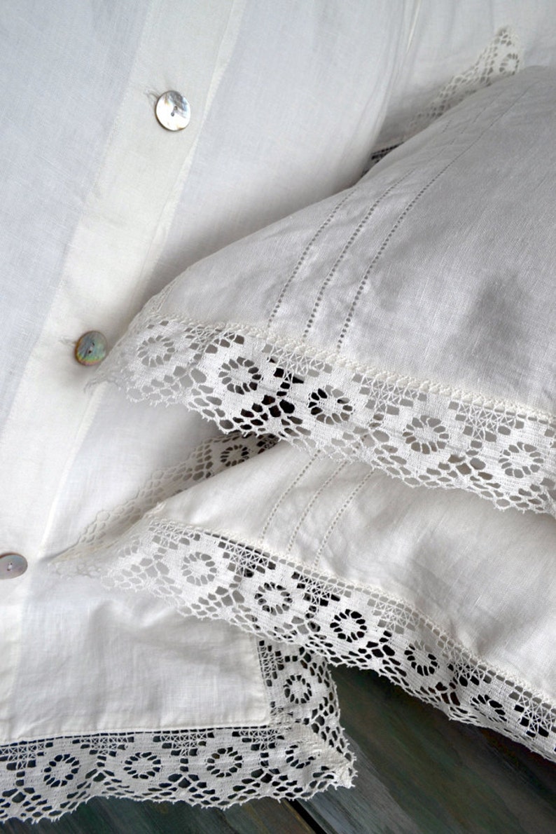 Provincial Living. Pure linen pillowcase with white linen lace. Antique white. Vintage inspired linen bedding image 2