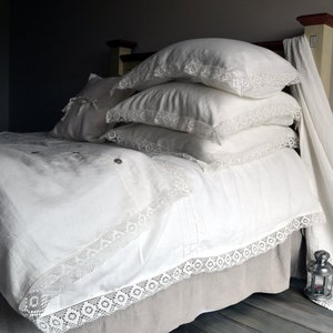 Antique White, Laced Linen Duvet/Quilt/Doona Cover- Provincial Living, Queen and King Sizes Available, Stonewashed Linen Bedding