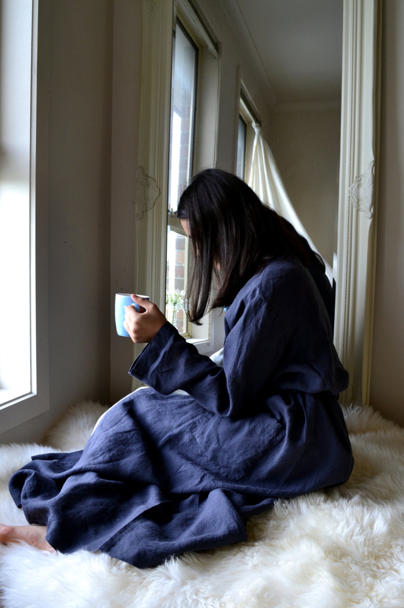 Vintage Inspired Midnight Blue Linen Dressing Gown/ Etsy Australia