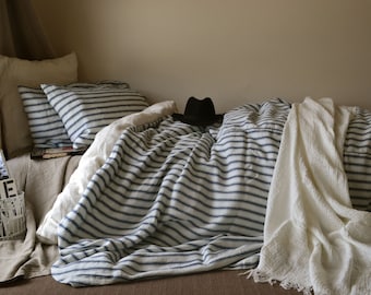 Vintage Classic. French Vintage inspired navy ticking heavyweight linen quilt/ doona/ duvet cover. Handmade to order