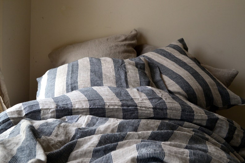 Country Cottage. Natural and Black striped stonewashed linen Duvet cover/ Quilt Cover / Doona Cover image 3