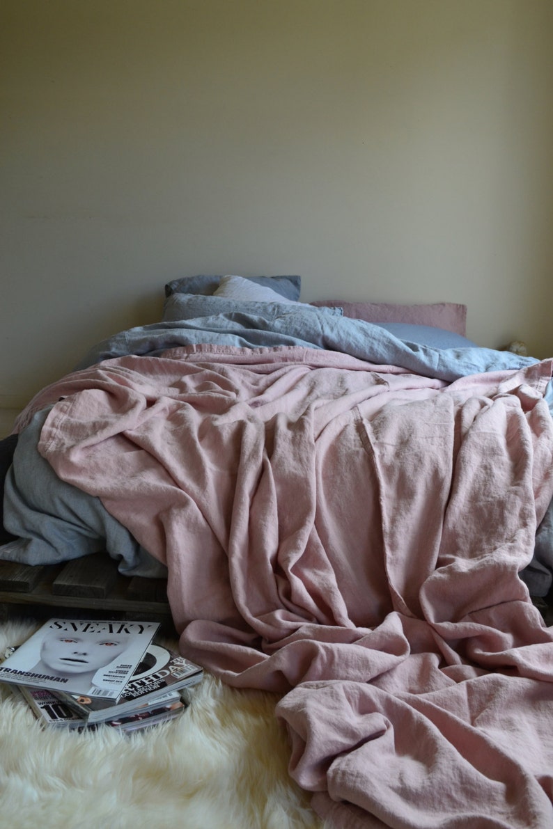 Rose Quartz Linen Throw Blanket Blush Pink Bed Cover Image 0