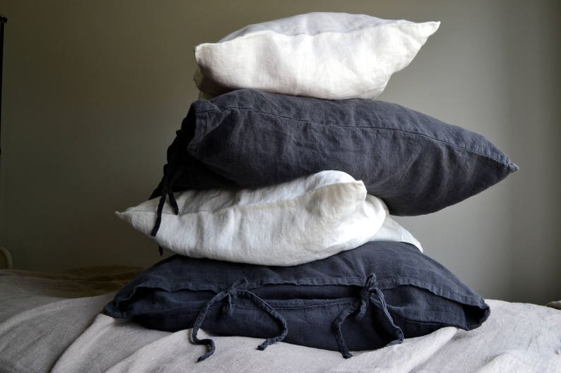 Rustic, Heavyweight Linen Pillowcase with Ties in Peppercorn Dark Grey Standard, Euro and King sizes image 3