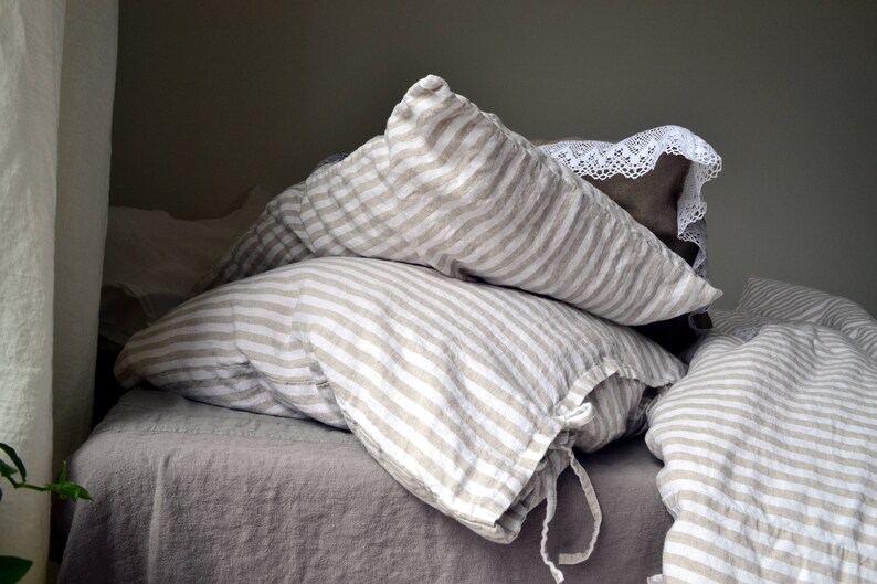 Rustic Pinstripe heavyweight natural linen pillow case. Rustic stonewashed linen bedding. Handmade linen image 4